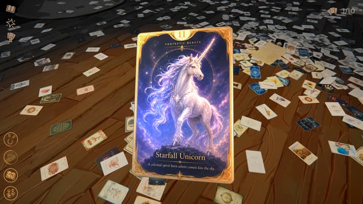 A Starfall Unicorn card held up above a floor covered in cards
