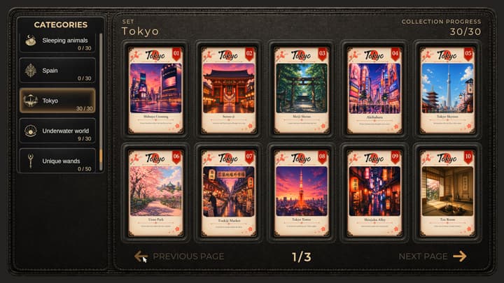 A completed Tokyo album page with all thirty cards collected