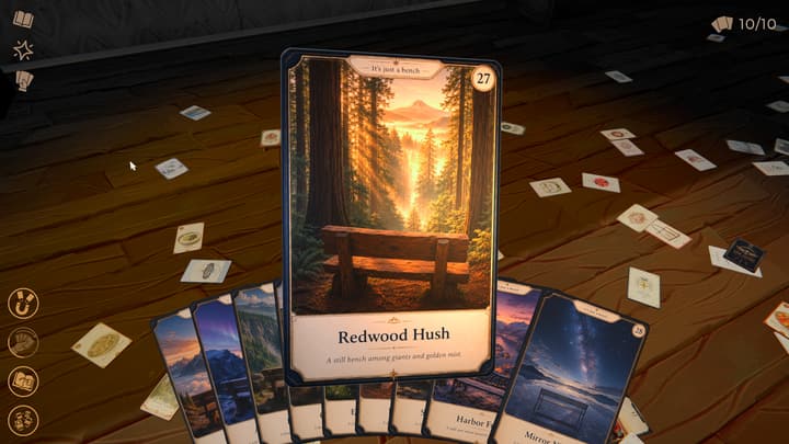 The Redwood Hush card held above a row of landscape cards