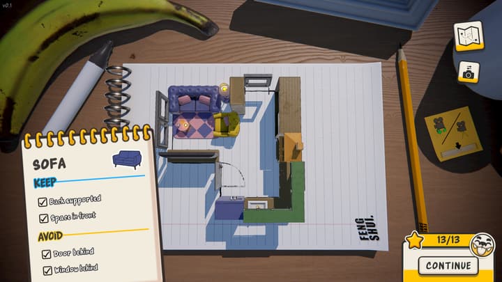 A furnished apartment on graph paper with the sofa rules checklist open